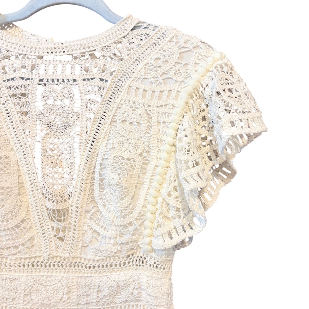 Saylor Free People Adeline White Crochet Lace Romper Flutter Sleeve Pom Pom XS - Picture 4 of 9